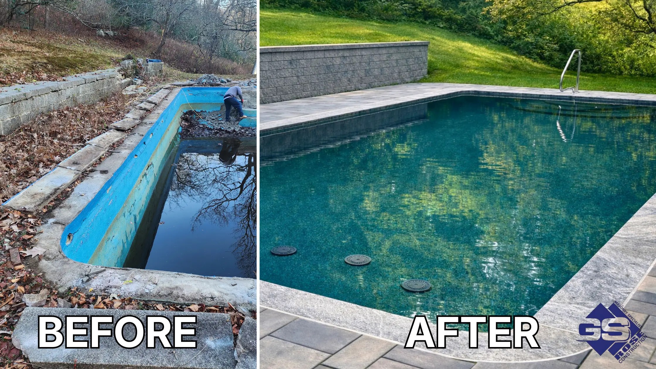 Before and after Connecticut pool remodeling project showing full gunite pool renovation and deck upgrade