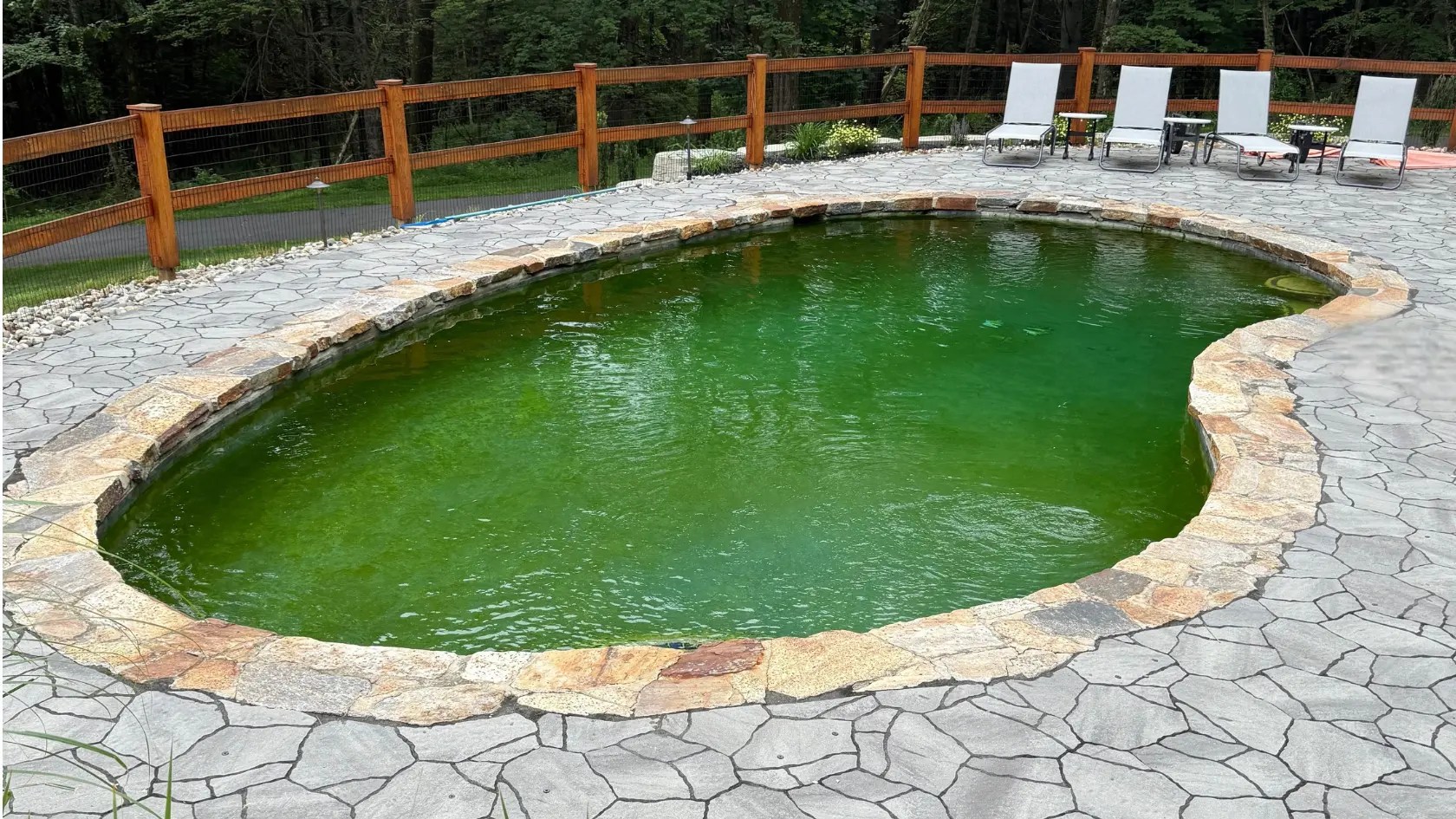 Before photo of deteriorated inground pool with murky water and damaged coping in Connecticut