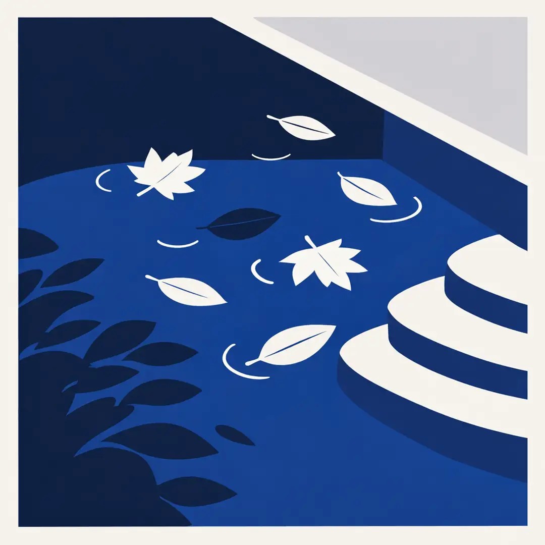 Illustration of leaves floating on blue pool water beside wide entry steps
