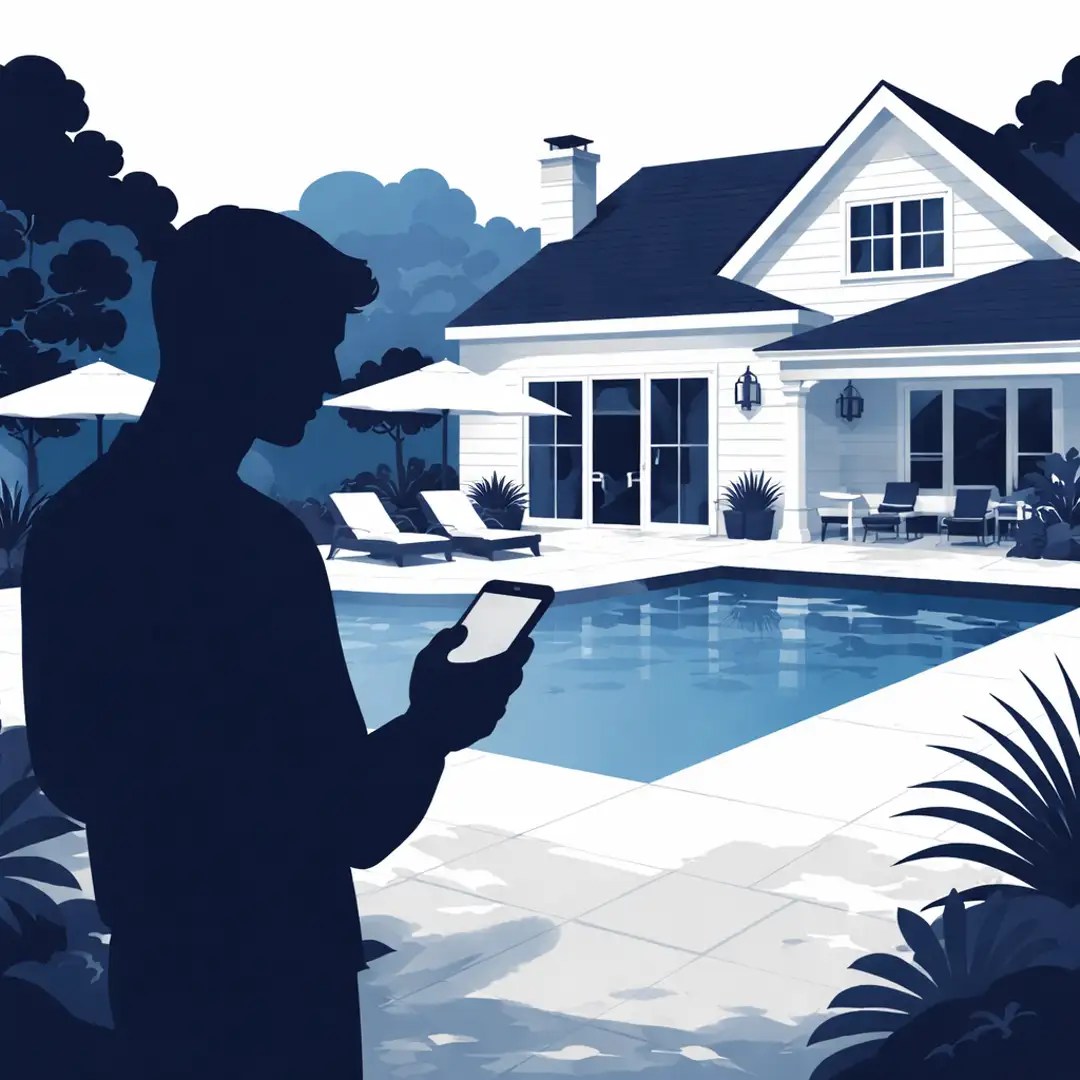Illustration of a homeowner controlling smart pool features from a phone by a backyard pool