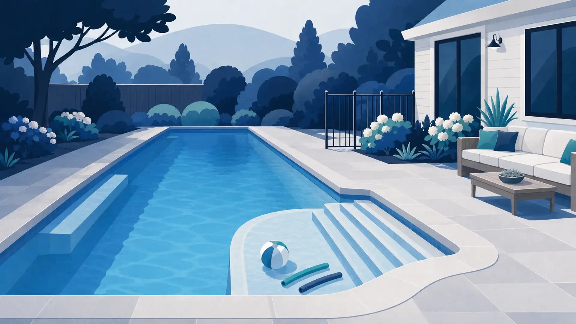 Flat illustration of a rectangular gunite pool with tanning ledge steps, beach ball, and patio seating in a Connecticut backyard