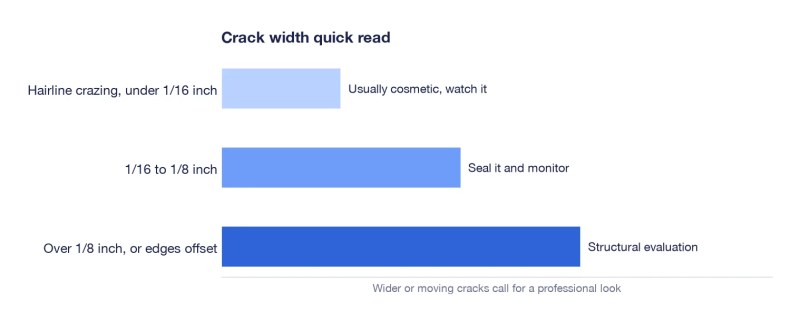 Chart reading pool crack severity by width, from hairline crazing to structural evaluation
