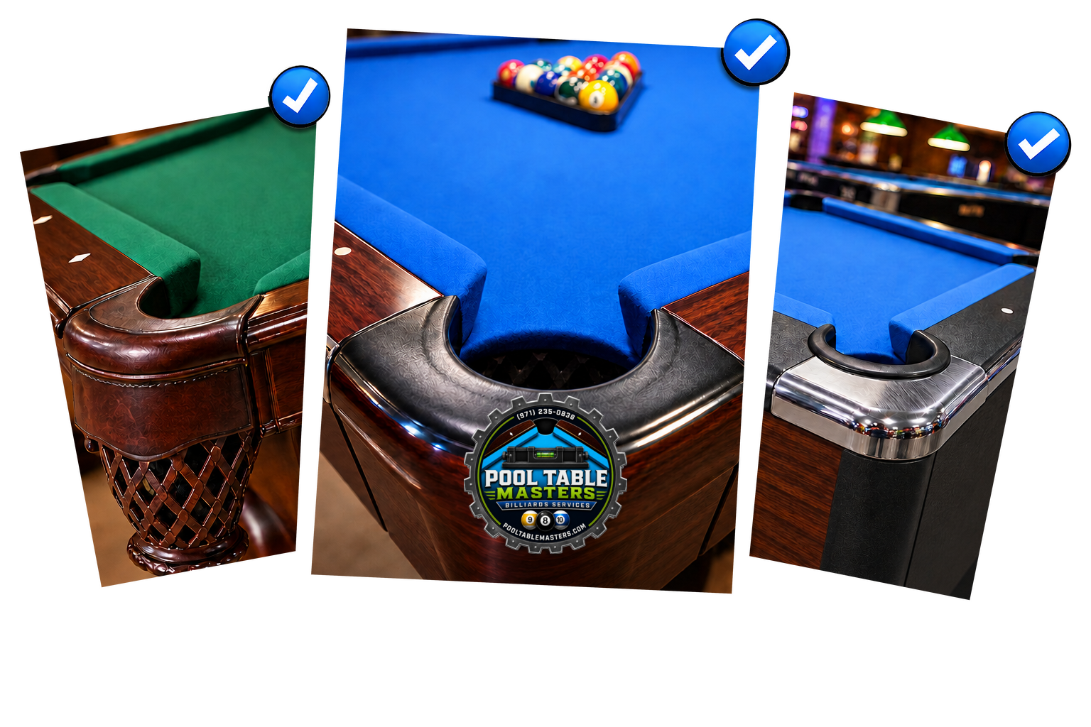 Pool table corner pocket styles shown across completed Pool Table Masters service projects