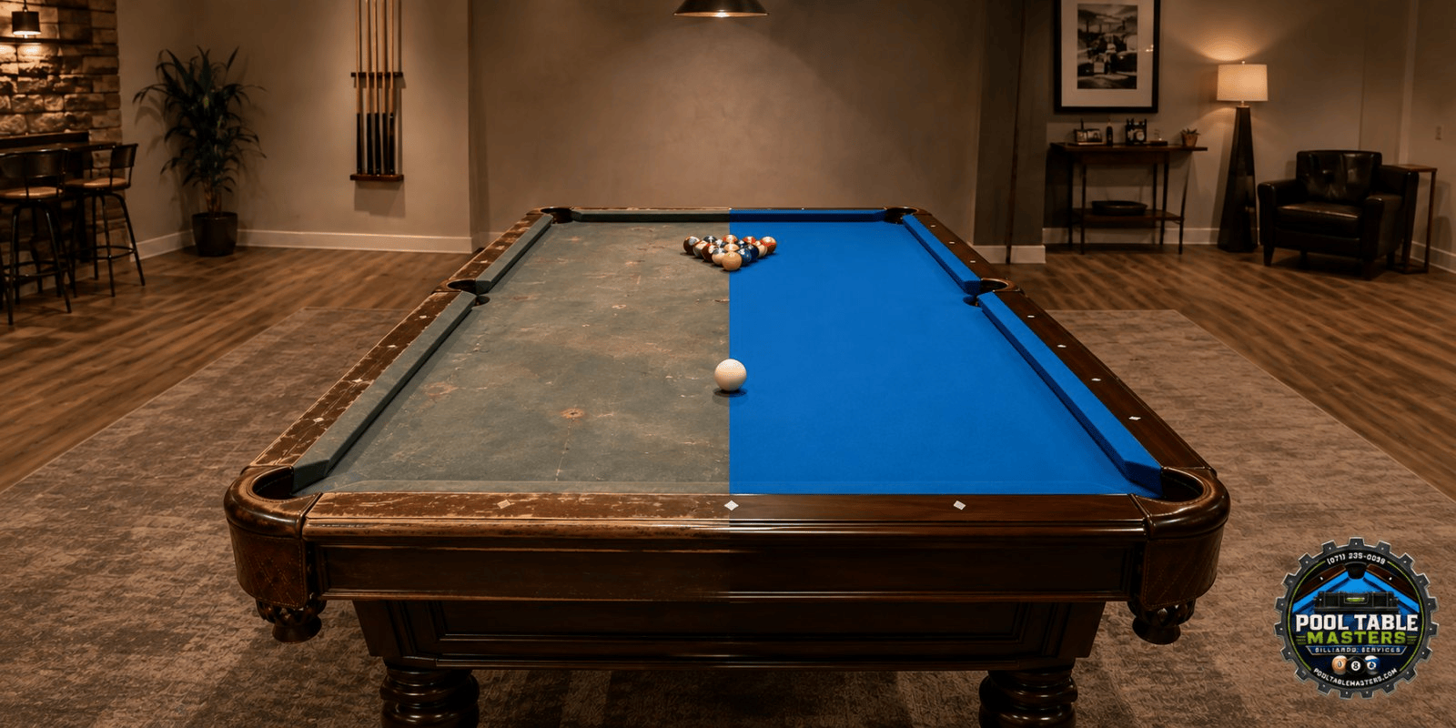 Pool table with split blue-cloth comparison showing restoration possibilities