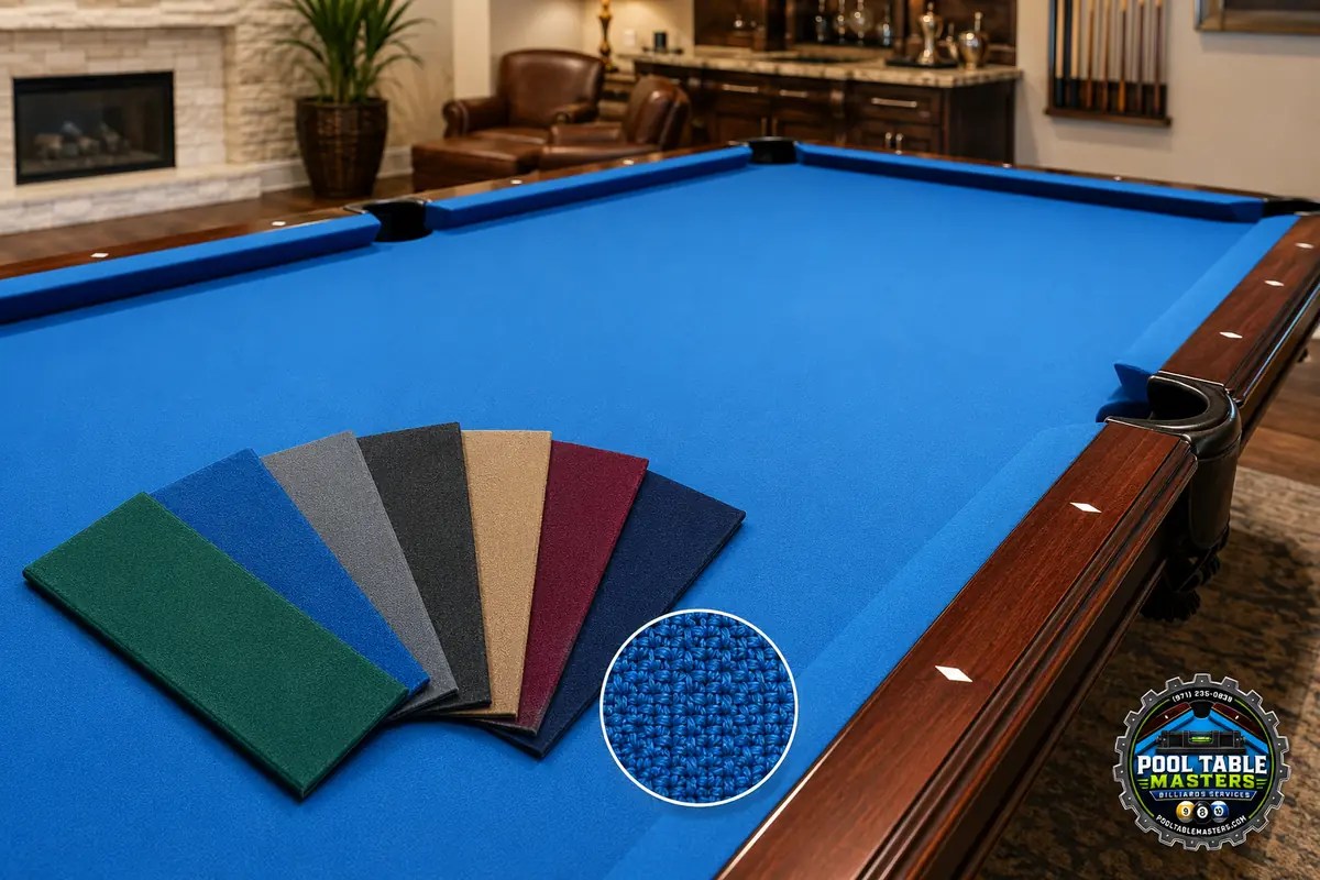 Pool table with blue cloth, fabric color samples and close-up of the cloth weave