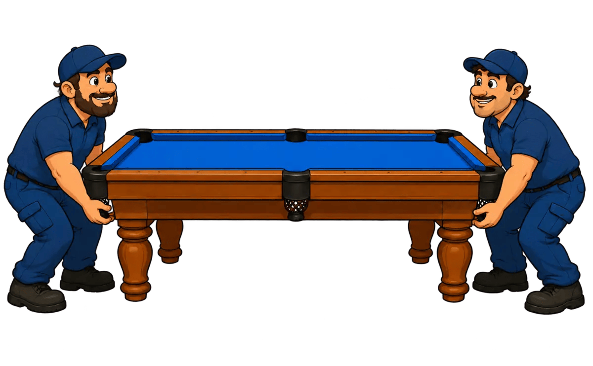 Professional pool table movers handling a blue-felt pool table