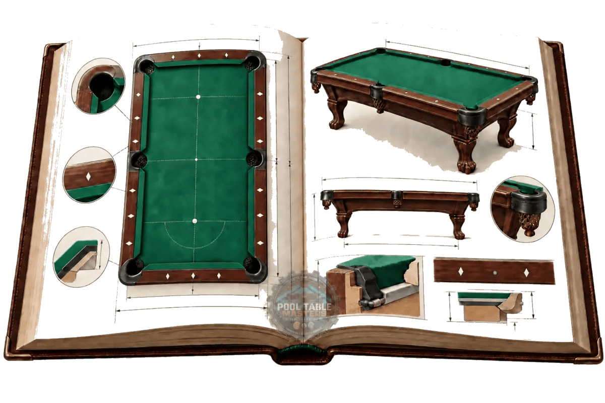 Pool table parts, dimensions, pockets and rail construction reference illustration