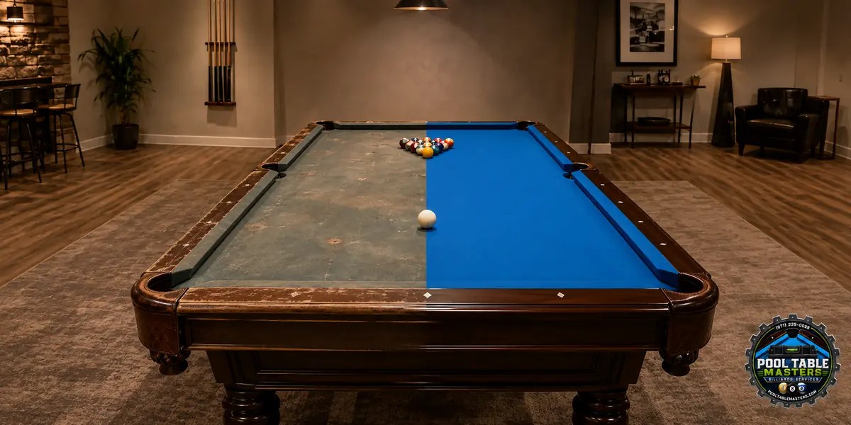 Pool table showing worn cloth beside newly installed blue cloth