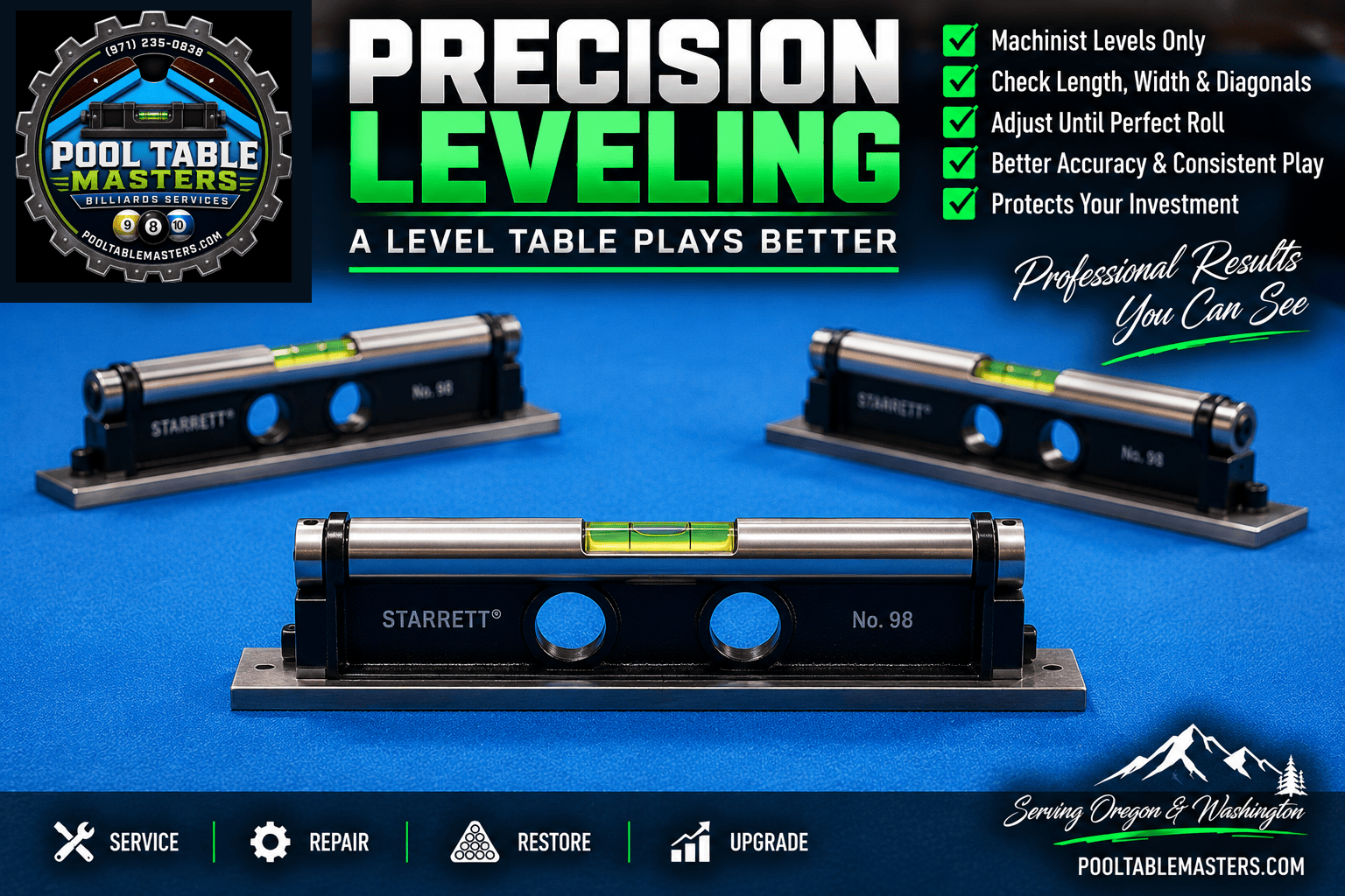 Pool Table Masters precision leveling using machinist levels