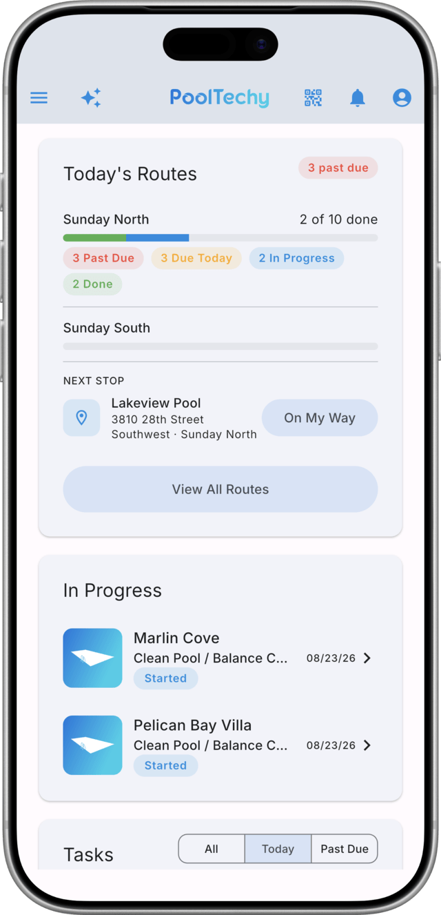Pool service software pricing that stays flat as the route grows: the day’s pool service route in the PoolTechy app, with stops and progress
