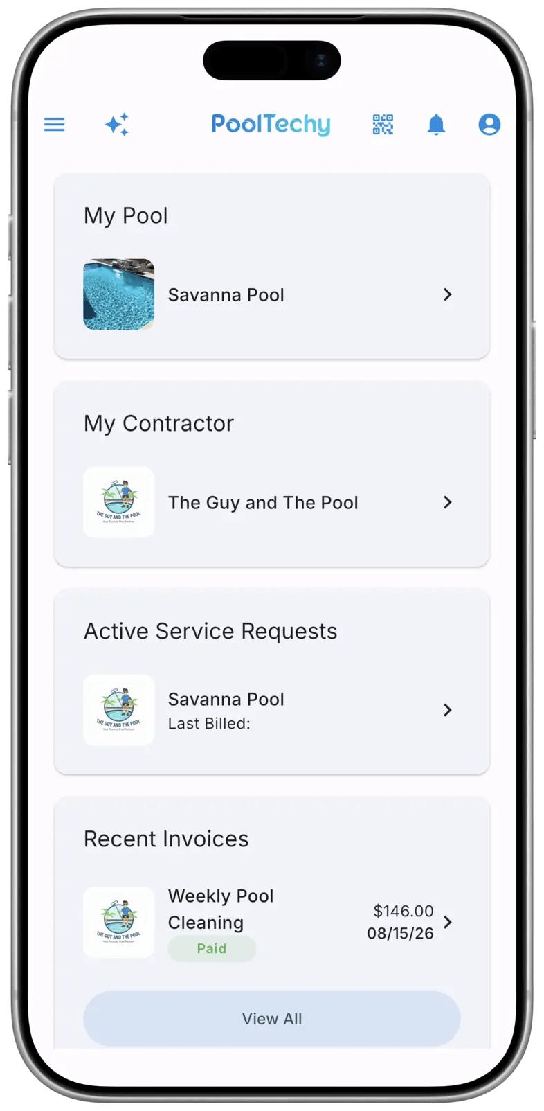Pool owner portal home screen in the PoolTechy app