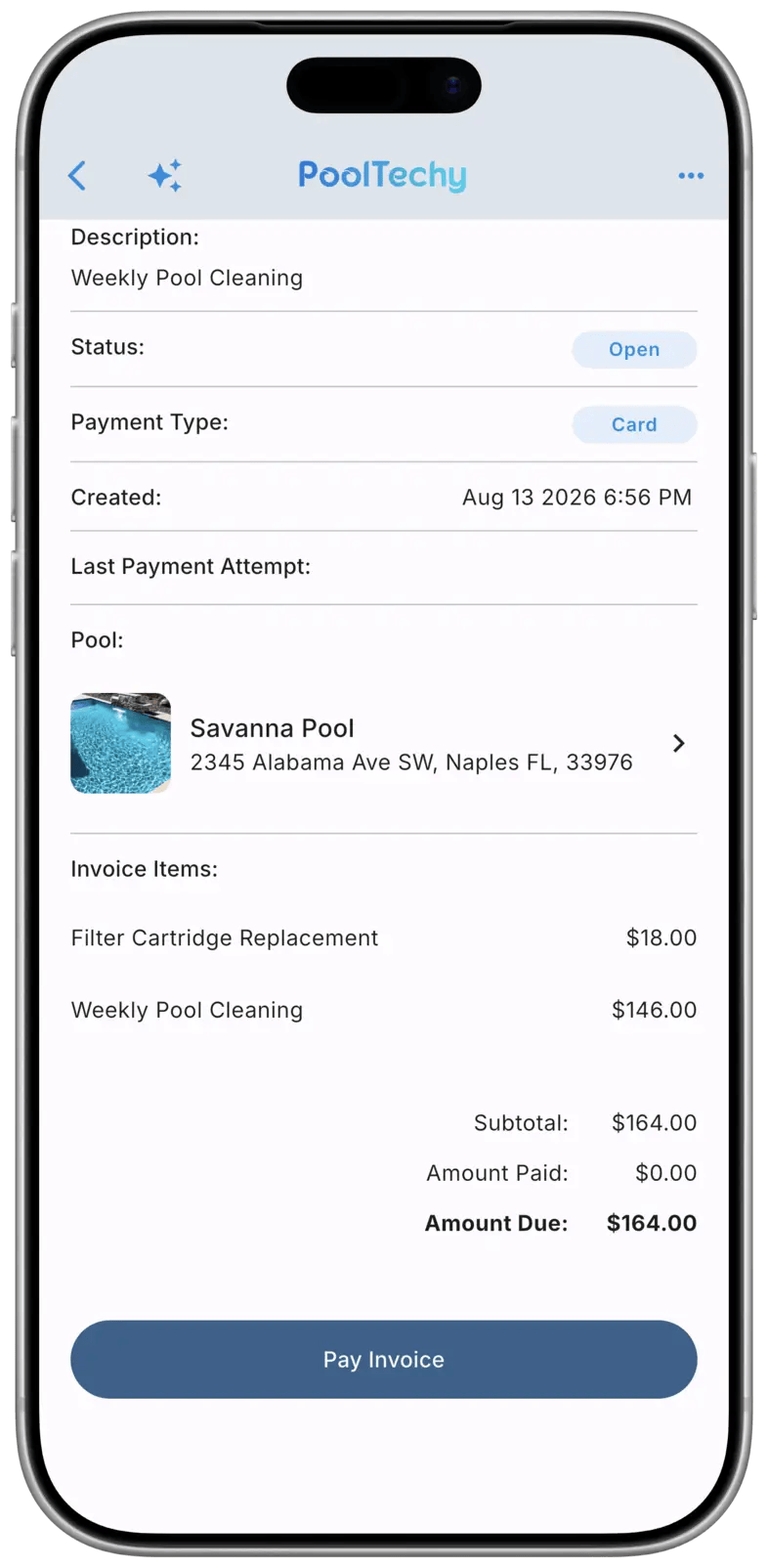 Pool owner portal invoice with one-tap payment