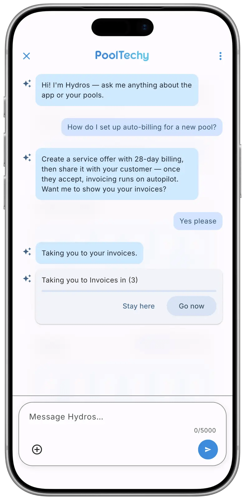 Hydros AI assistant navigation card in the PoolTechy app