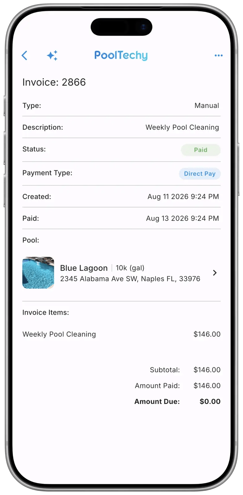 Invoice detail screen in the PoolTechy app