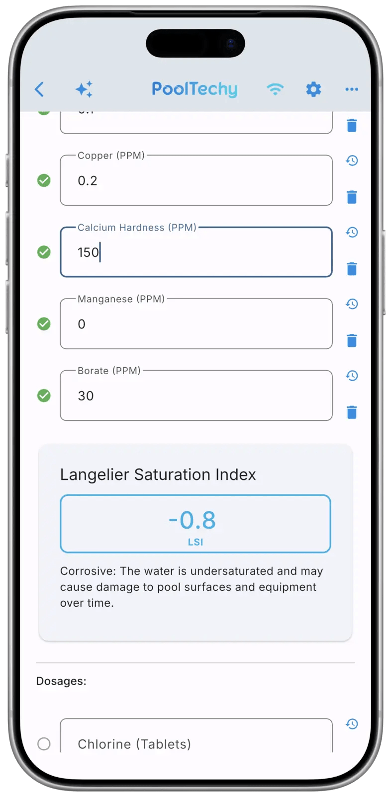 LSI water balance reading in the PoolTechy app