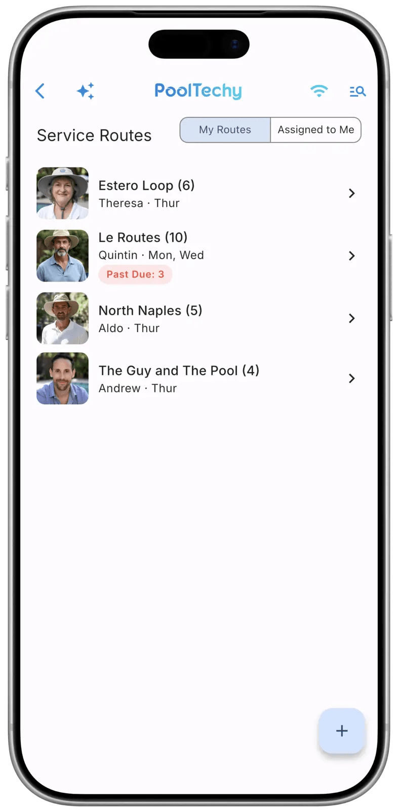 Service routes list in the PoolTechy pool service software