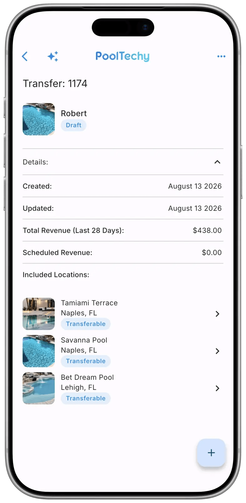 Pool route transfer detail screen in PoolTechy
