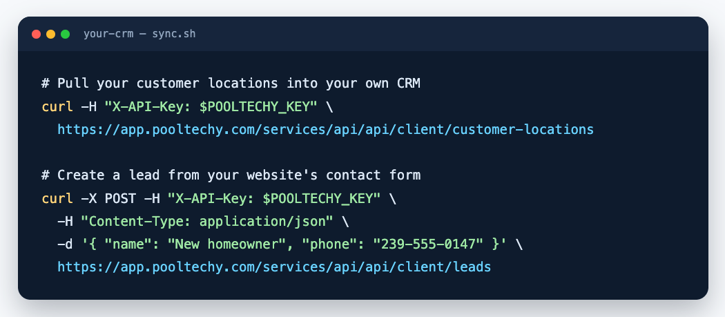Example curl requests to the PoolTechy pool service software API