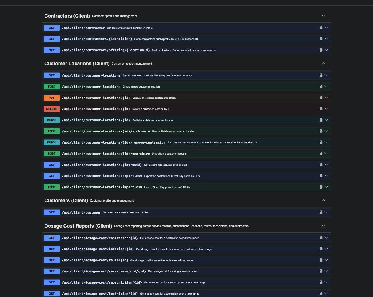 PoolTechy Client API endpoints in Swagger UI