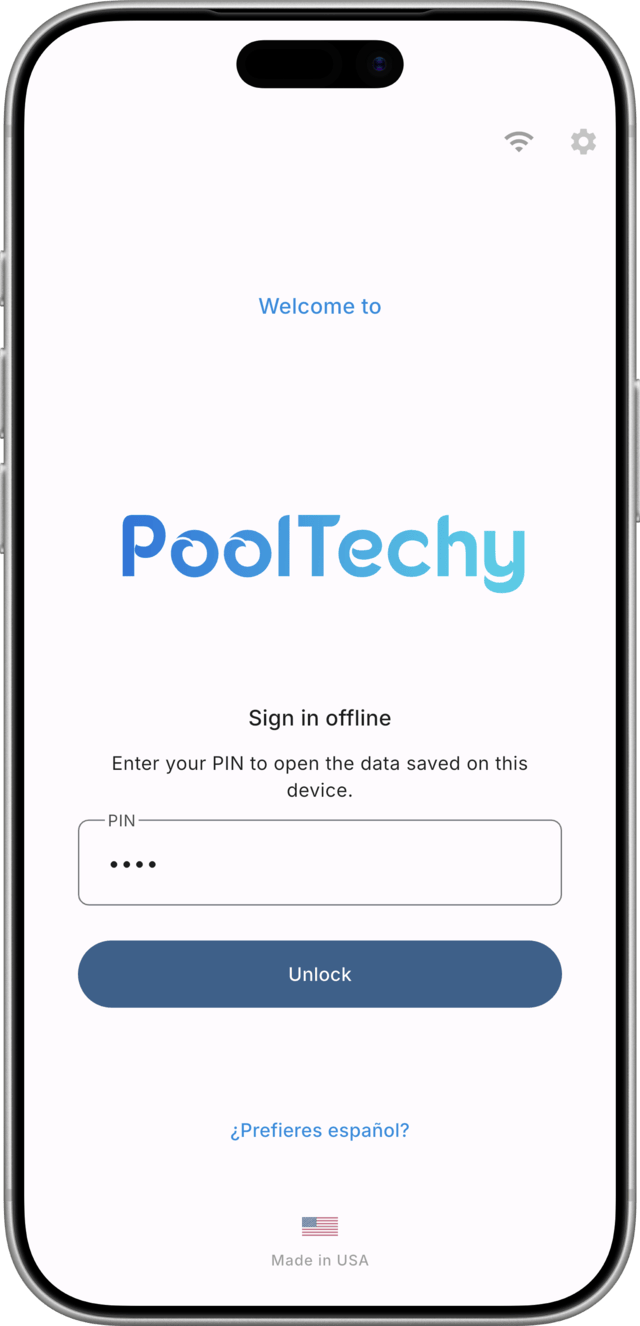 Signing in offline with a PIN on the PoolTechy login screen