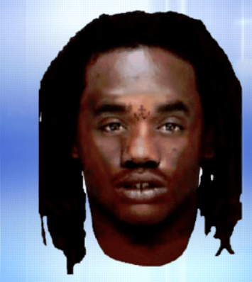Suspect: Black man and about 5’7” with a stocky build. He has a tattoo between his eyes that appeared to be a “W” with a cross above it. If you can help solve this case call Crimestoppers at 504-822-1111 Pretty darn good likeness, except the witness got confused with it being a W vs. an M.