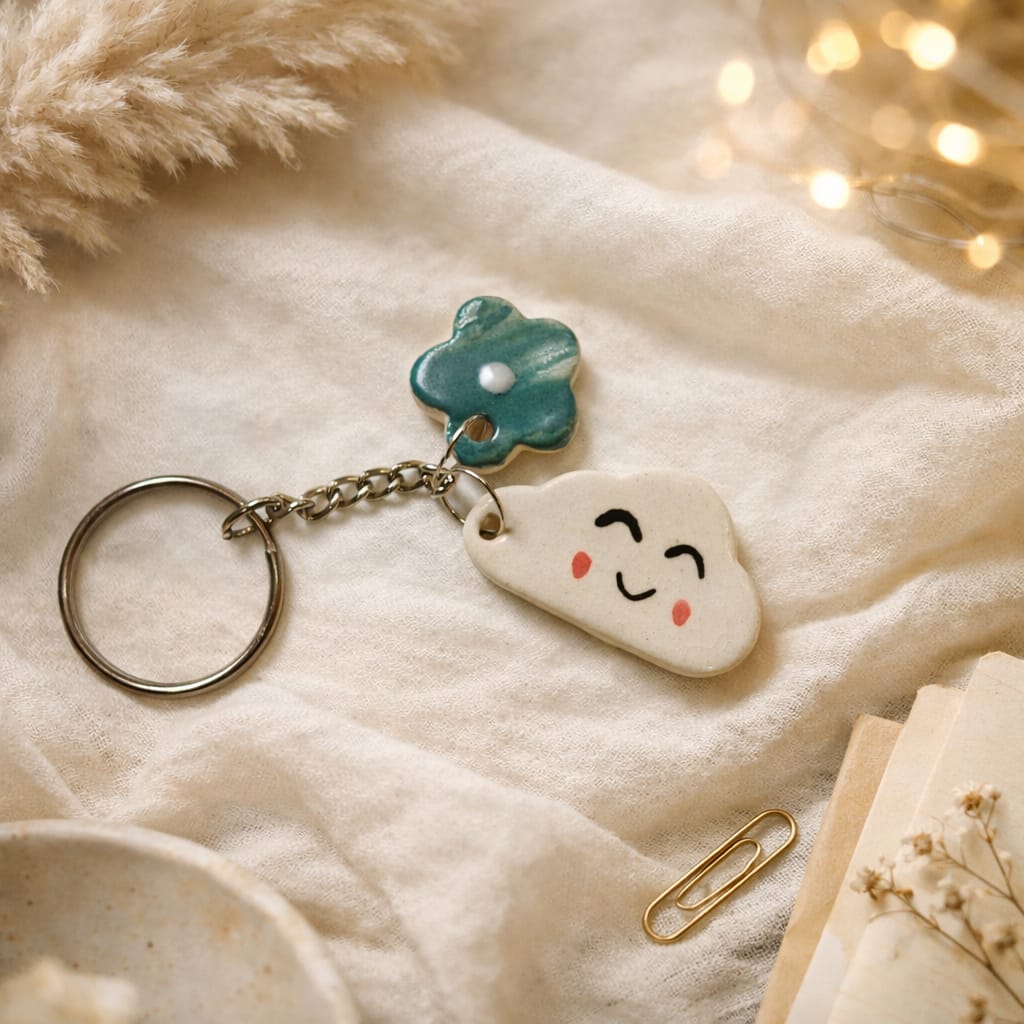 Smiley Cloud & Flower Ceramic Keychain