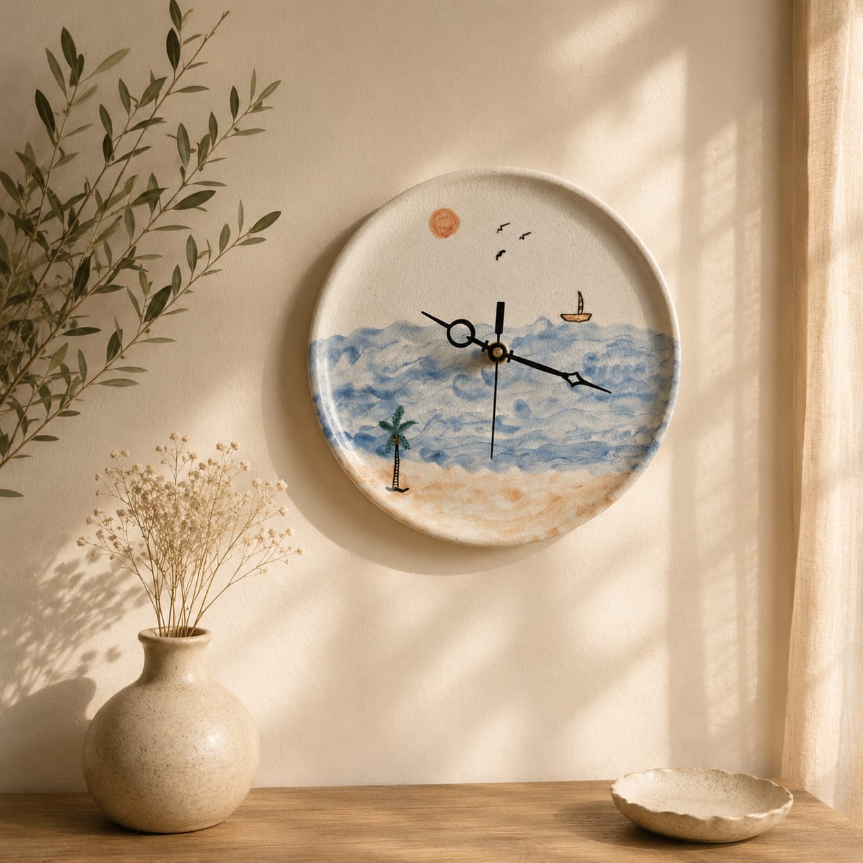Sail Away 9-inch handmade ceramic wall clock with seaside design