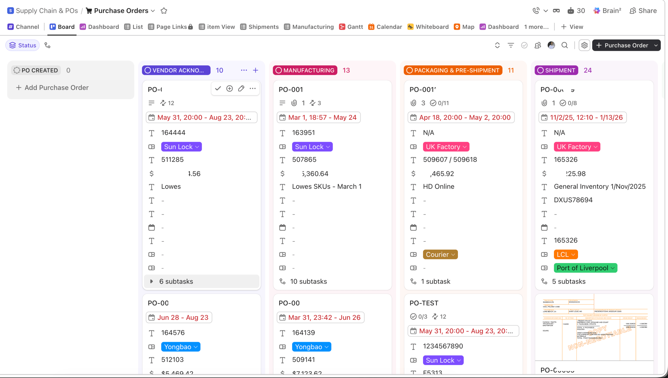 ClickUp purchase order workflow showing vendor acknowledgement, manufacturing, pre-shipment, shipment and customs clearance stages