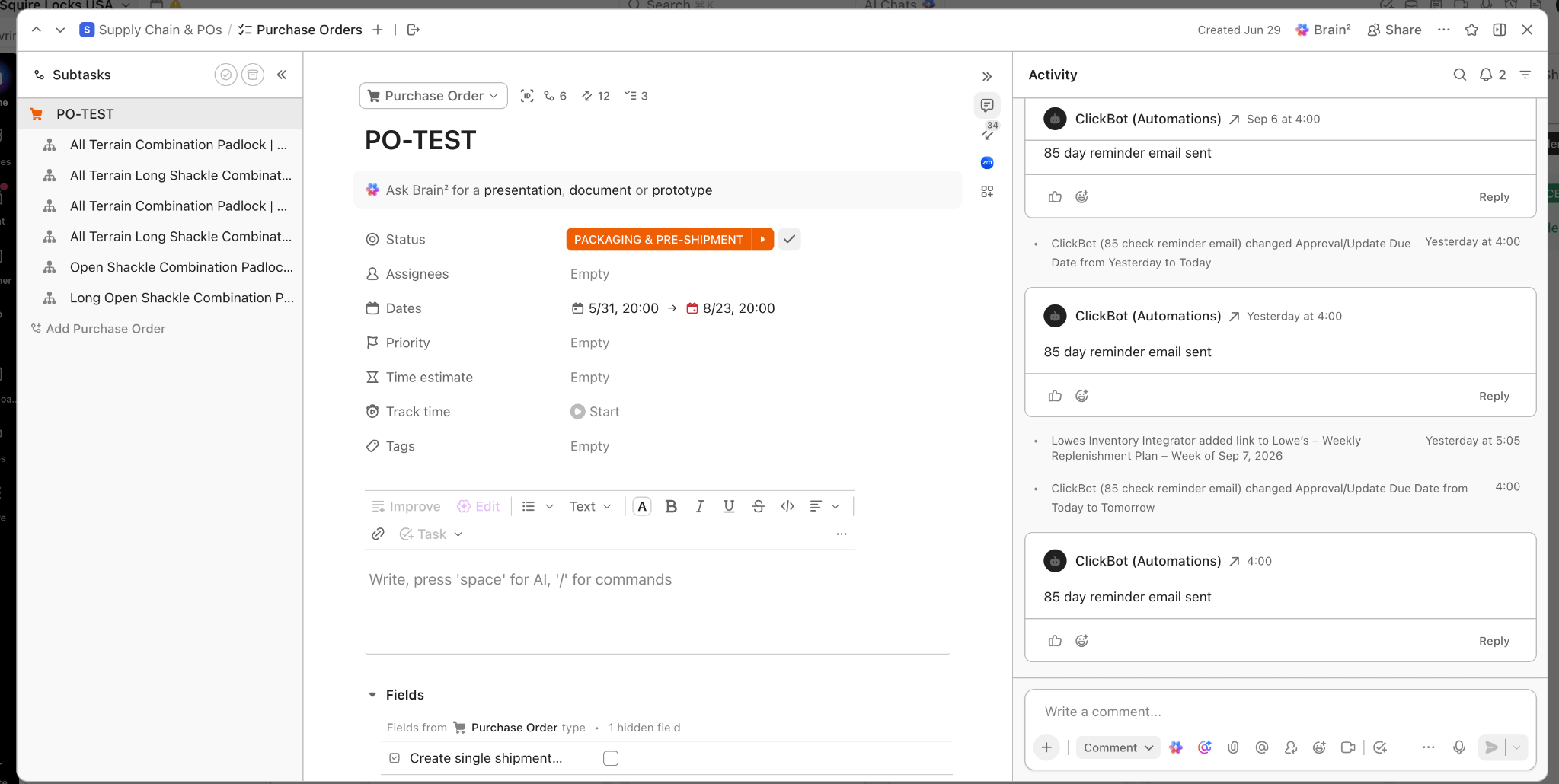 ClickUp purchase order record showing product line-item subtasks, operational fields, dates and automated supplier follow-ups