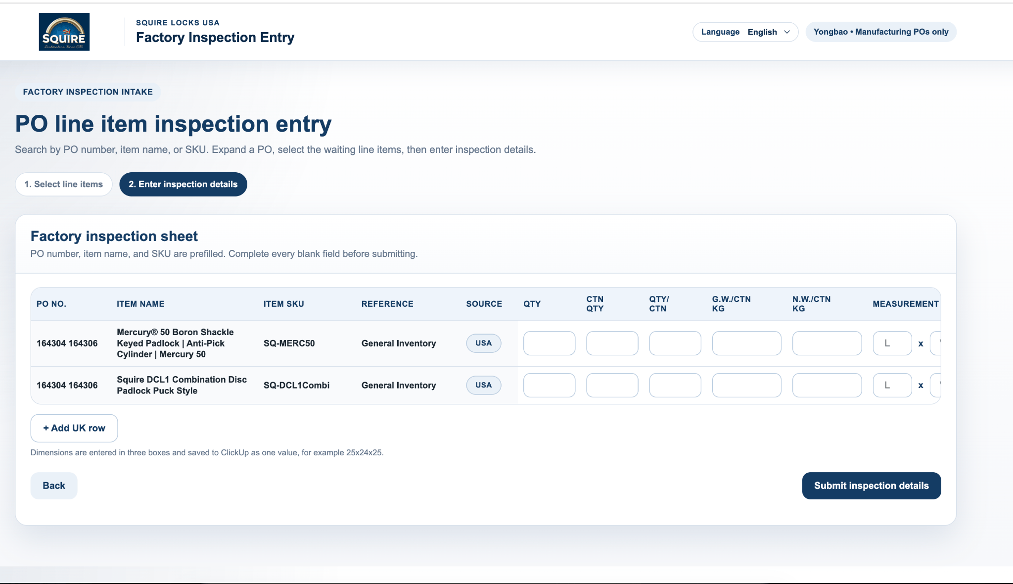 Localized factory inspection form for entering quantity, carton, weight and measurement details for purchase order line items