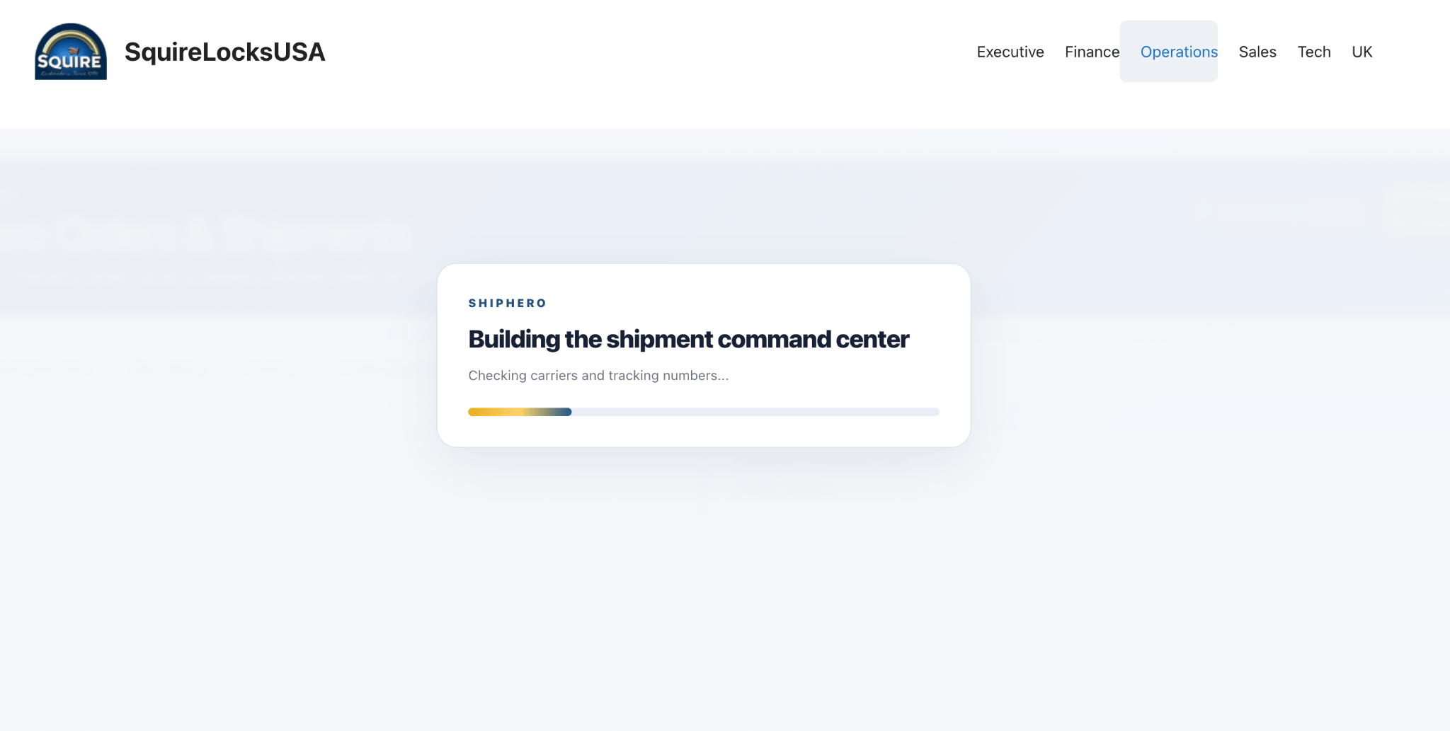 ShipHero shipment command center loading screen while carrier and tracking data are retrieved for warehouse reporting
