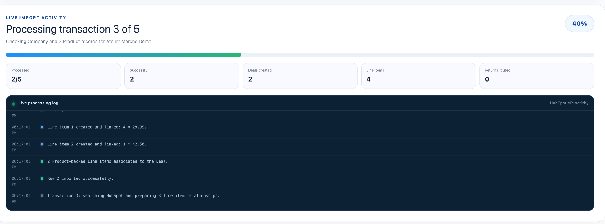 Live HubSpot CRM import processing companies products deals and line items through the HubSpot API