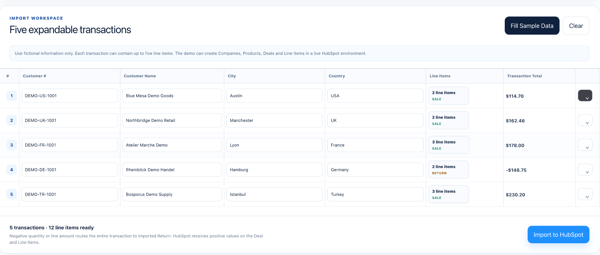 HubSpot multi-object import workspace for customer sales transactions with expandable product line items