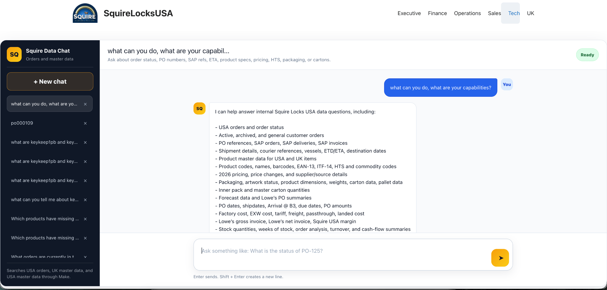 AI operational data assistant answering questions across orders, purchase orders, shipments, products and business data