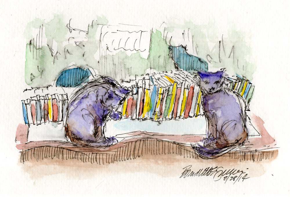 "Evening in the Cat Book Library", 5" x 7", ink and watercolor © Bernadette E. Kazmarski