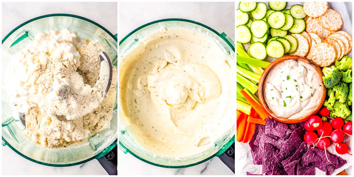 A picture collage of the cottage cheese ranch dip added to a food processor and processed until smooth.