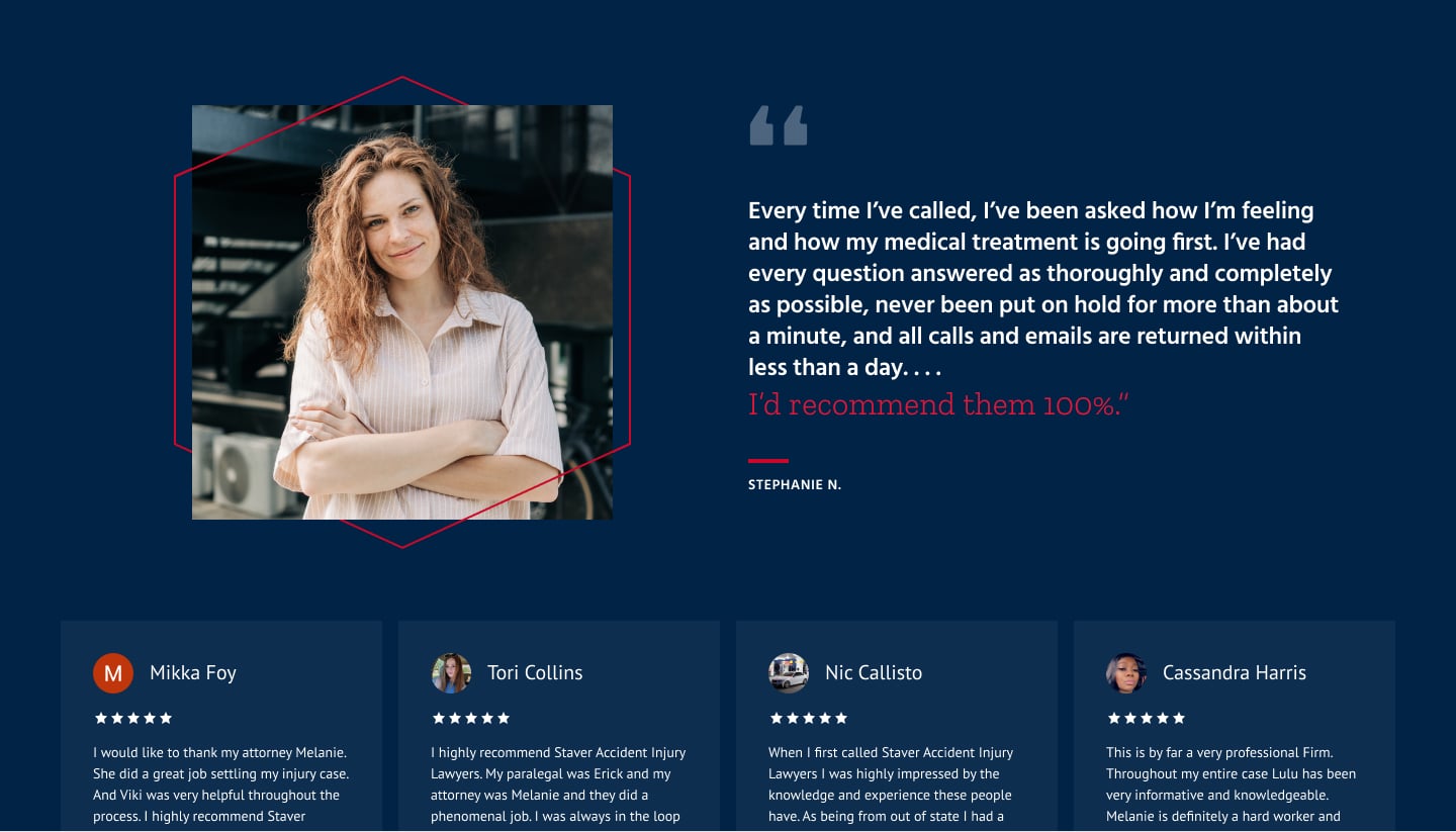 A smiling woman with wavy hair stands outdoors in a casual button-up shirt. Next to her is a testimonial praising thorough medical care and responsive communication. Below are four review cards with names, photos, and five-star ratings.