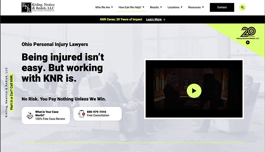 Screenshot of the KNR personal injury law firm website, showing their logo, navigation menu, a headline about being injured, contact information, a free consultation offer, and a video with people talking in an office setting.