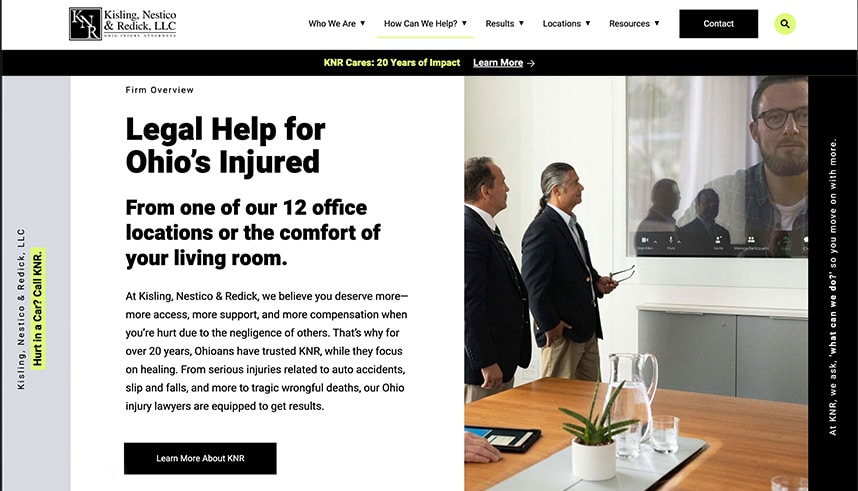 A law firm website shows a headline, “Legal Help for Ohio’s Injured,” offering assistance from 12 office locations or virtually. A man is visible in a video call on a screen, and a hand holds a plant in the foreground.