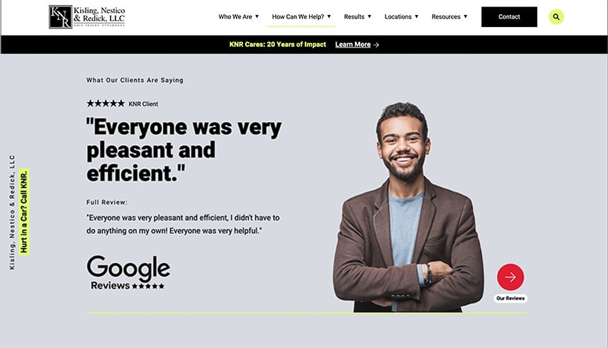Screenshot of a law firms website showing a smiling man with folded arms, a five-star Google review saying, Everyone was very pleasant and efficient, and navigation menus at the top.
