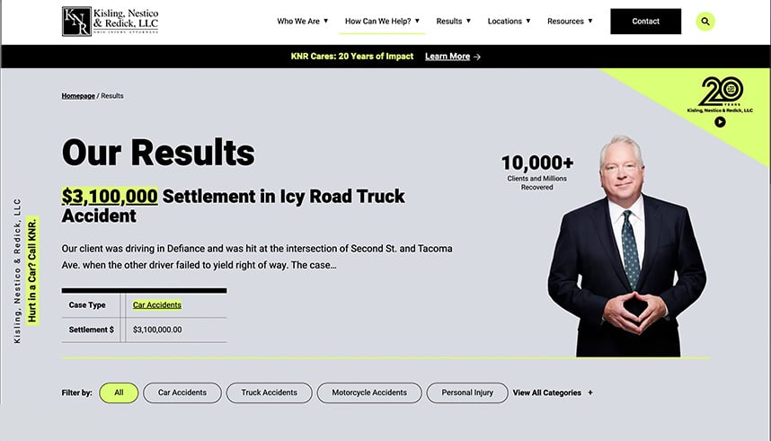 A website page for Kisling, Nestico & Redick, LLC displays a $3,100,000 settlement in an icy road truck accident case, with a man in a suit standing on the right and summary case details on the left.