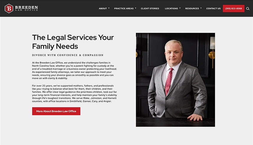 Screenshot of Breeden Law Office website showing a professionally dressed man standing by a desk, with text describing the firms legal services for families, and a red button labeled More About Breeden Law Office.