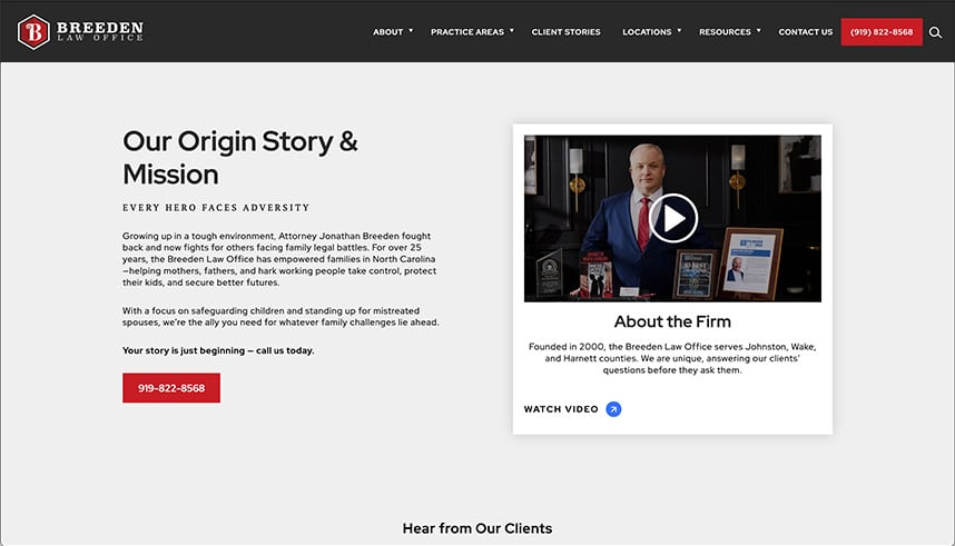A law firms website page shows the Breeden Law Office logo, navigation menu, and a section with text about the firms origin story and mission. A photo of a suited man, likely the attorney, appears beside a play button for a video.