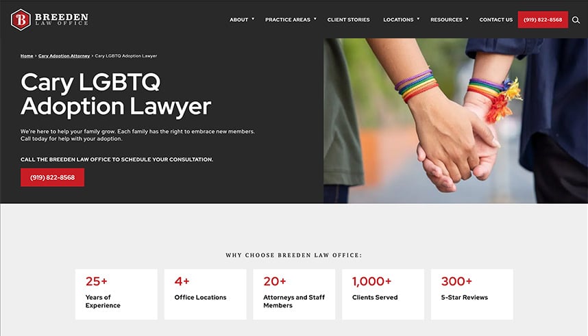 Screenshot of Breeden Law Offices website page titled Cary LGBTQ Adoption Lawyer, featuring two people holding hands with rainbow bracelets. The header includes a red contact button and navigation menu.