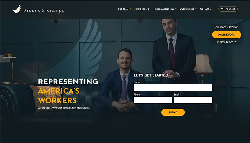 Two men in suits sit and stand beside a dark couch in a modern office setting. Overlay text reads, Representing Americas Workers, with a form for name, phone, and email beside them.