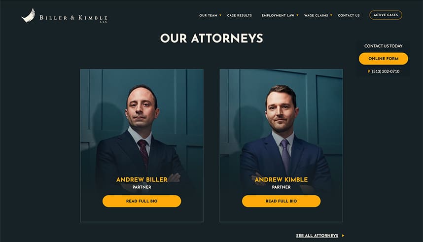Two professional men in suits, each standing in front of a dark teal background, are featured on a law firms Our Attorneys webpage with their names, titles, and buttons to read their full bios.