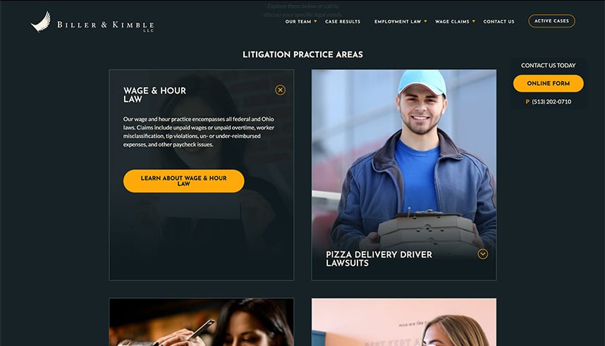 Screenshot of a law firms website showing Litigation Practice Areas. Includes sections for Wage & Hour Law and Pizza Delivery Driver Lawsuits, with images and a yellow button to learn more. Navigation and contact options are visible.
