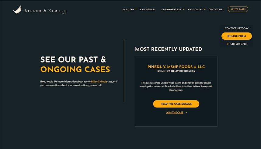 Screenshot of the Biller & Kimble LLC website showing sections for ongoing cases and most recently updated cases, with emphasis on case details for Pineda v. MSNF Foods 4, LLC and contact options on the right.