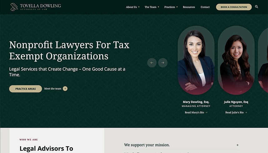 Screenshot of a law firms website featuring “Nonprofit Lawyers For Tax Exempt Organizations.” Two female attorneys are pictured on the right with names and titles. Navigation and consultation booking options are at the top.