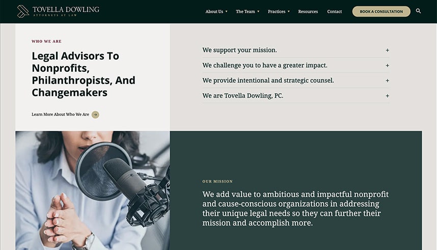 Screenshot of a law firms website. The text highlights services for nonprofits, philanthropists, and changemakers. It includes a photo of a woman speaking into a microphone and a mission statement about supporting ambitious organizations.